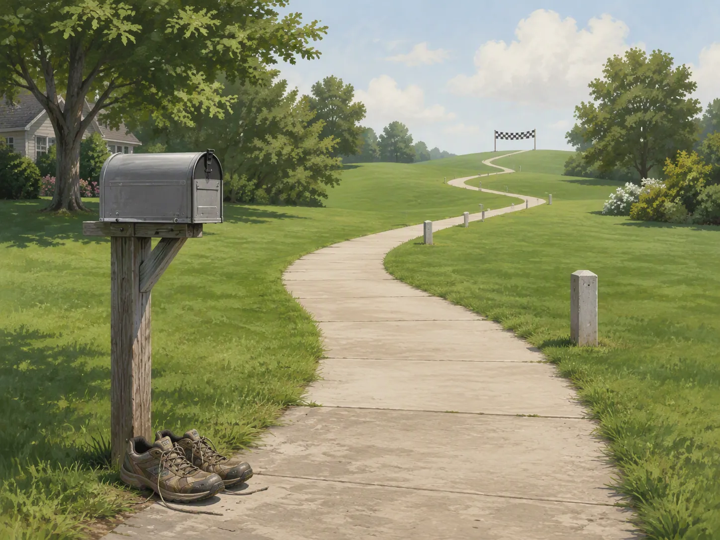 A sidewalk path starts at a mailbox and curves toward a small finish-line banner in the distance