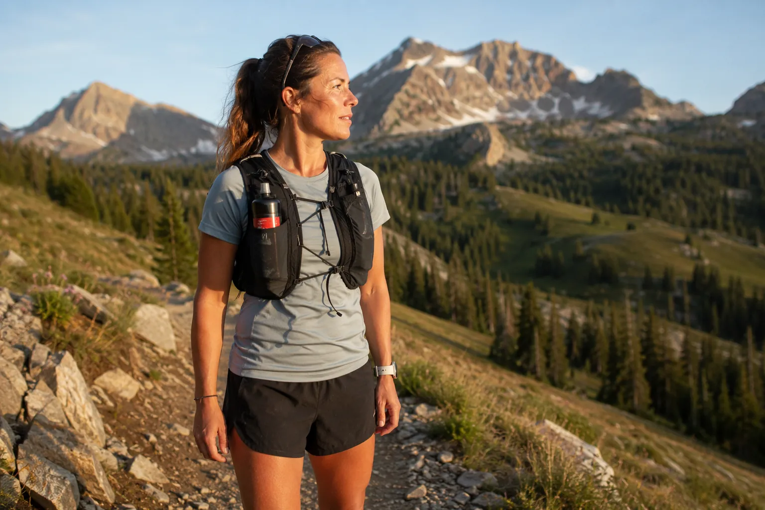 Trail runner wearing bear spray in a chest holster on a mountain trail