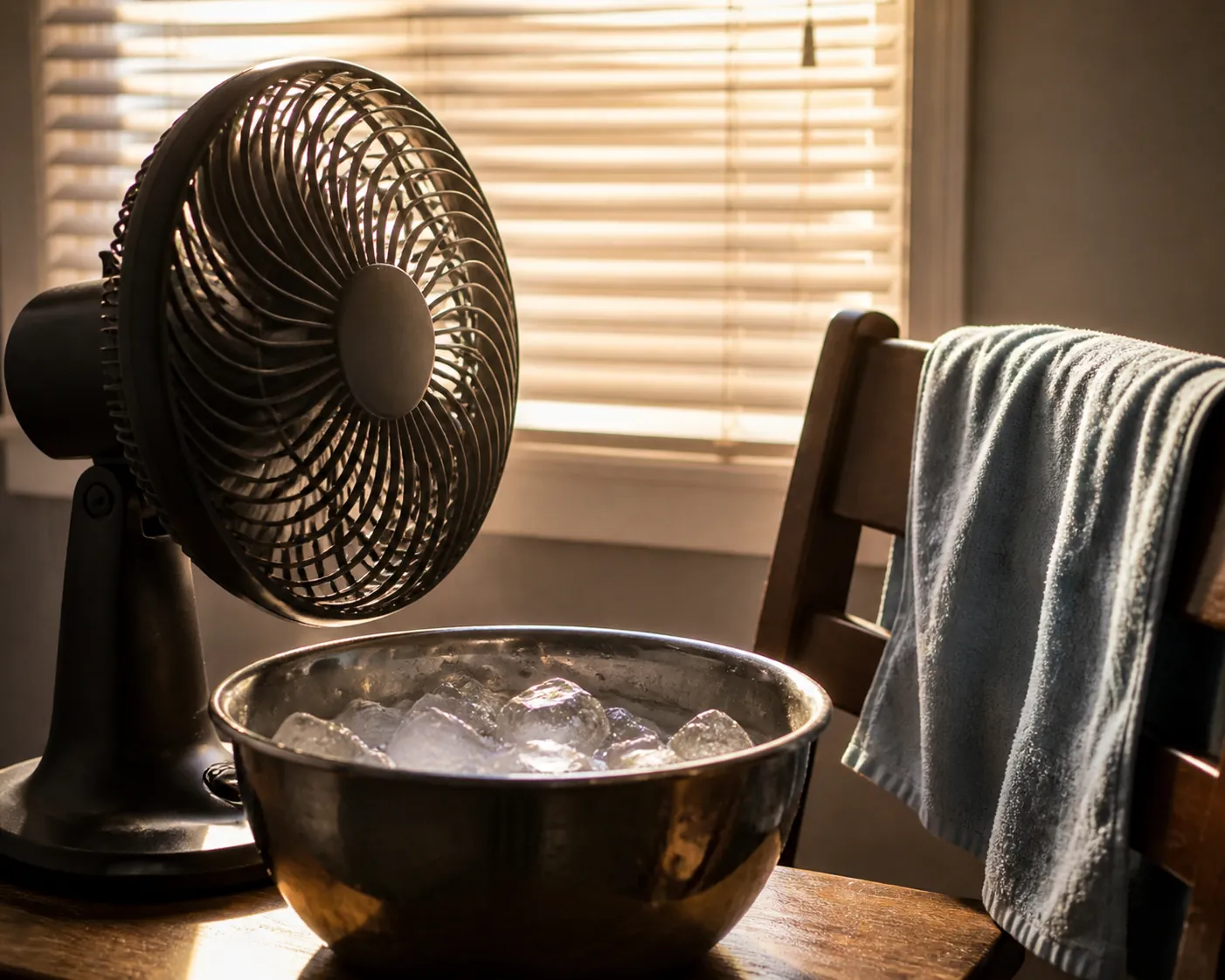 Electric fan blowing across a bowl of ice with a damp cloth nearby and closed blinds in the background