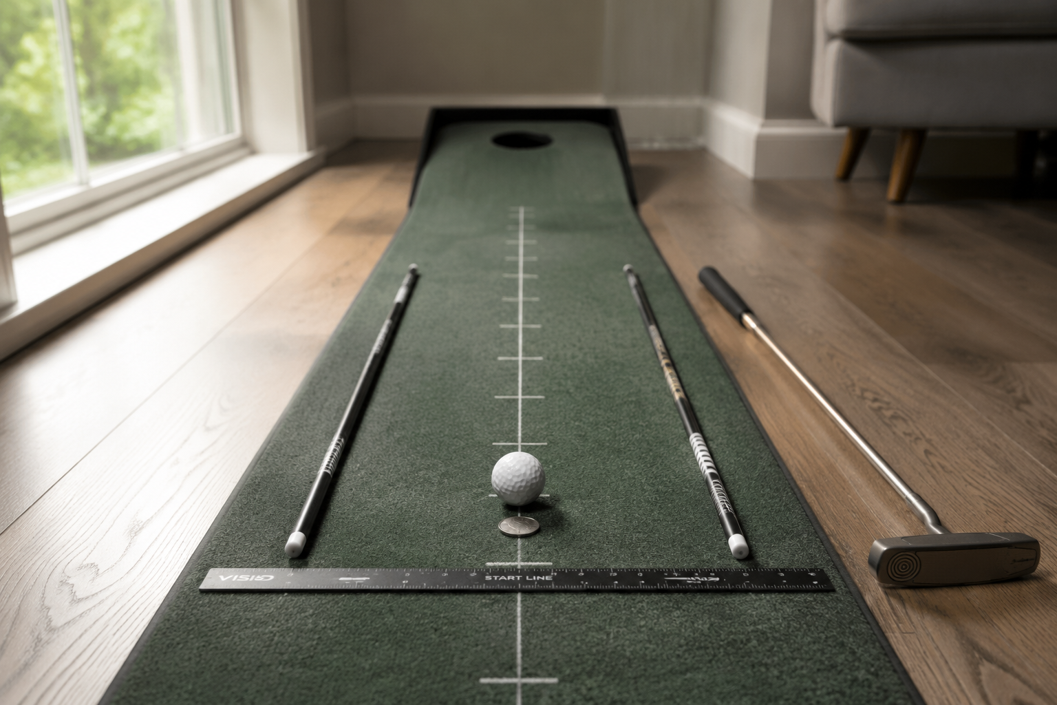 Home putting practice setup with a mat, alignment sticks, coin marker, ruler, ball, and putter on a hardwood floor