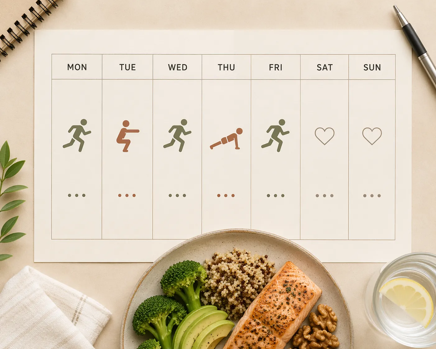 Weekly calendar showing cardio and resistance training days with heart-healthy food
