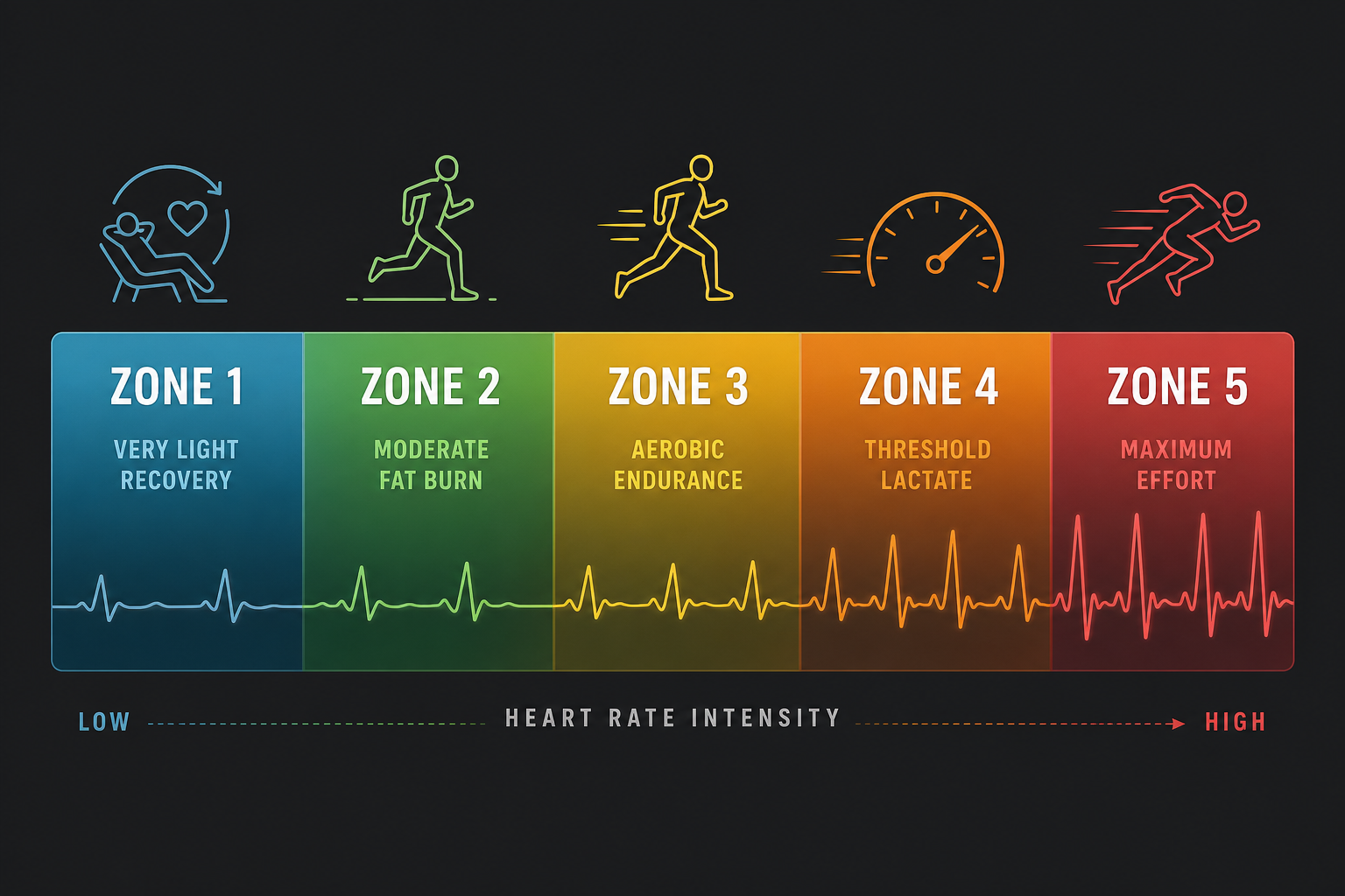 A five-zone heart rate bar with gradient colors from blue to red, each zone labeled with a training icon.
