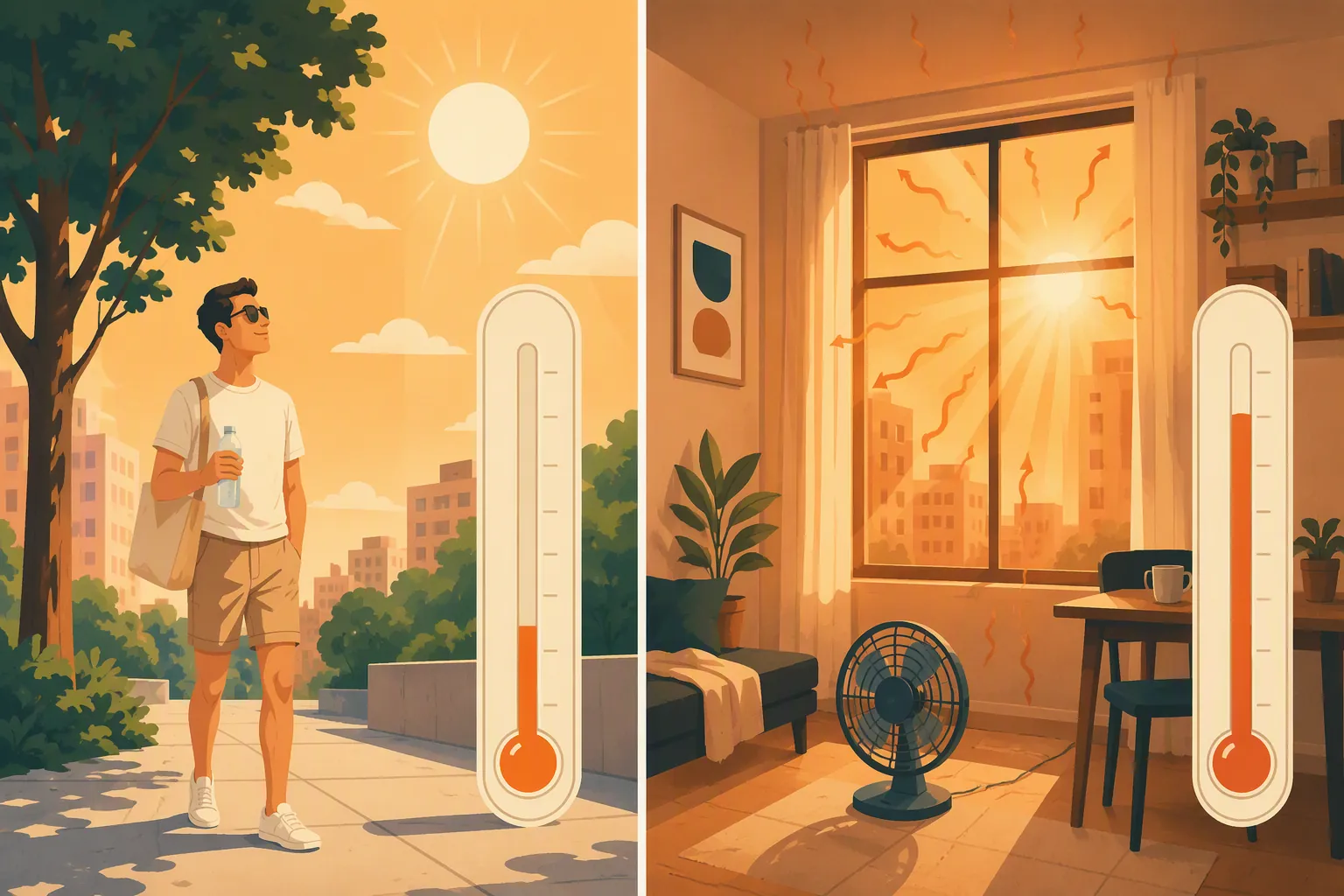 Illustration comparing outdoor shade with a hotter small apartment near a sunny window and floor fan