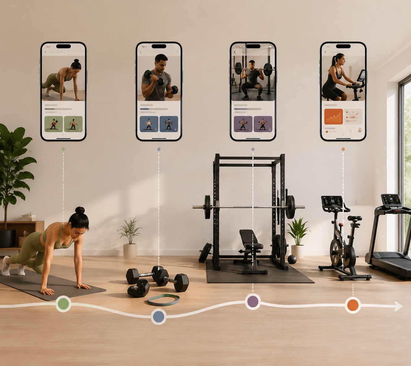 Four home workout setups with app screens matched to bodyweight, dumbbells and bands, barbell rack, and stationary bike