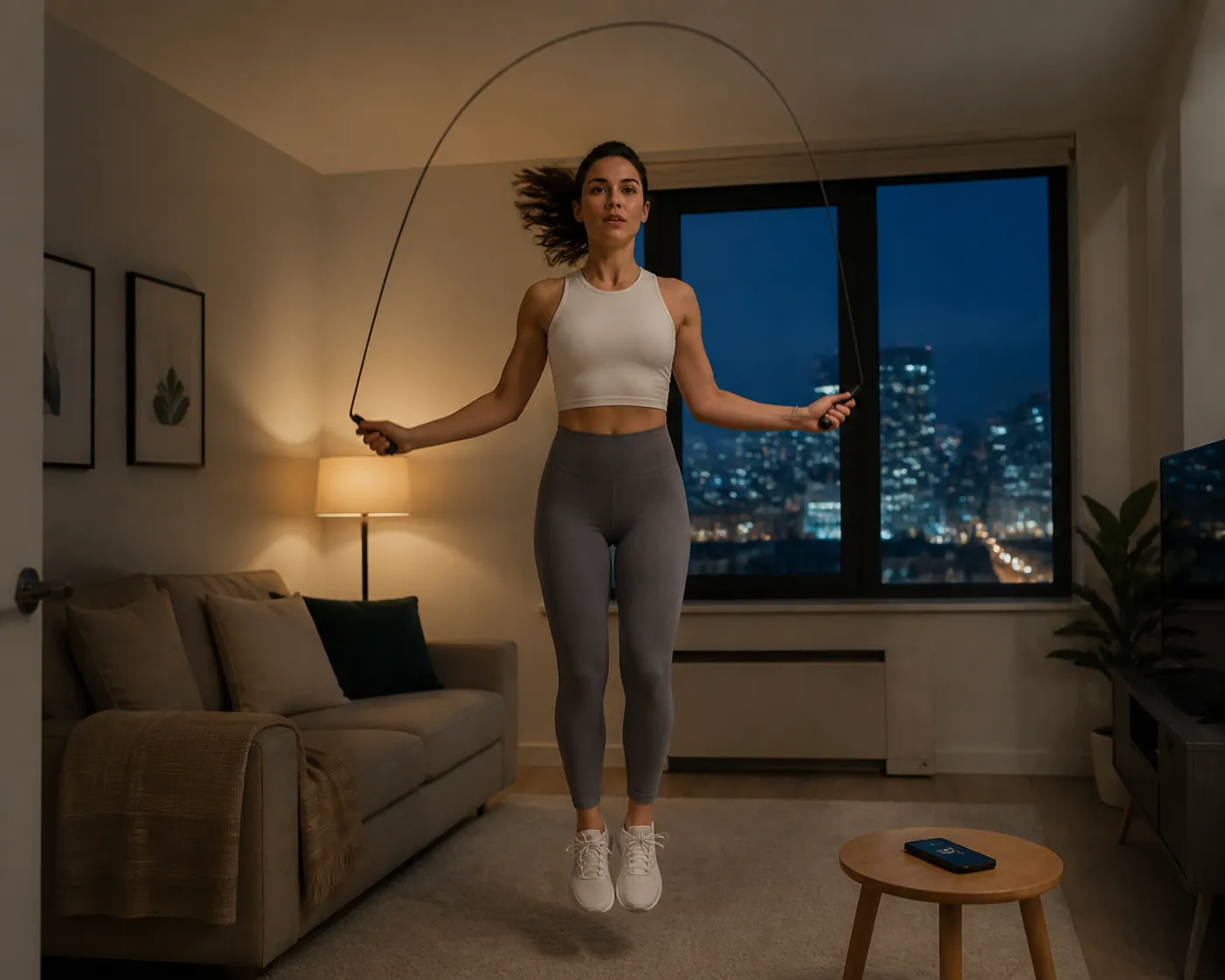 Person jumping rope in a compact apartment living room with a phone nearby