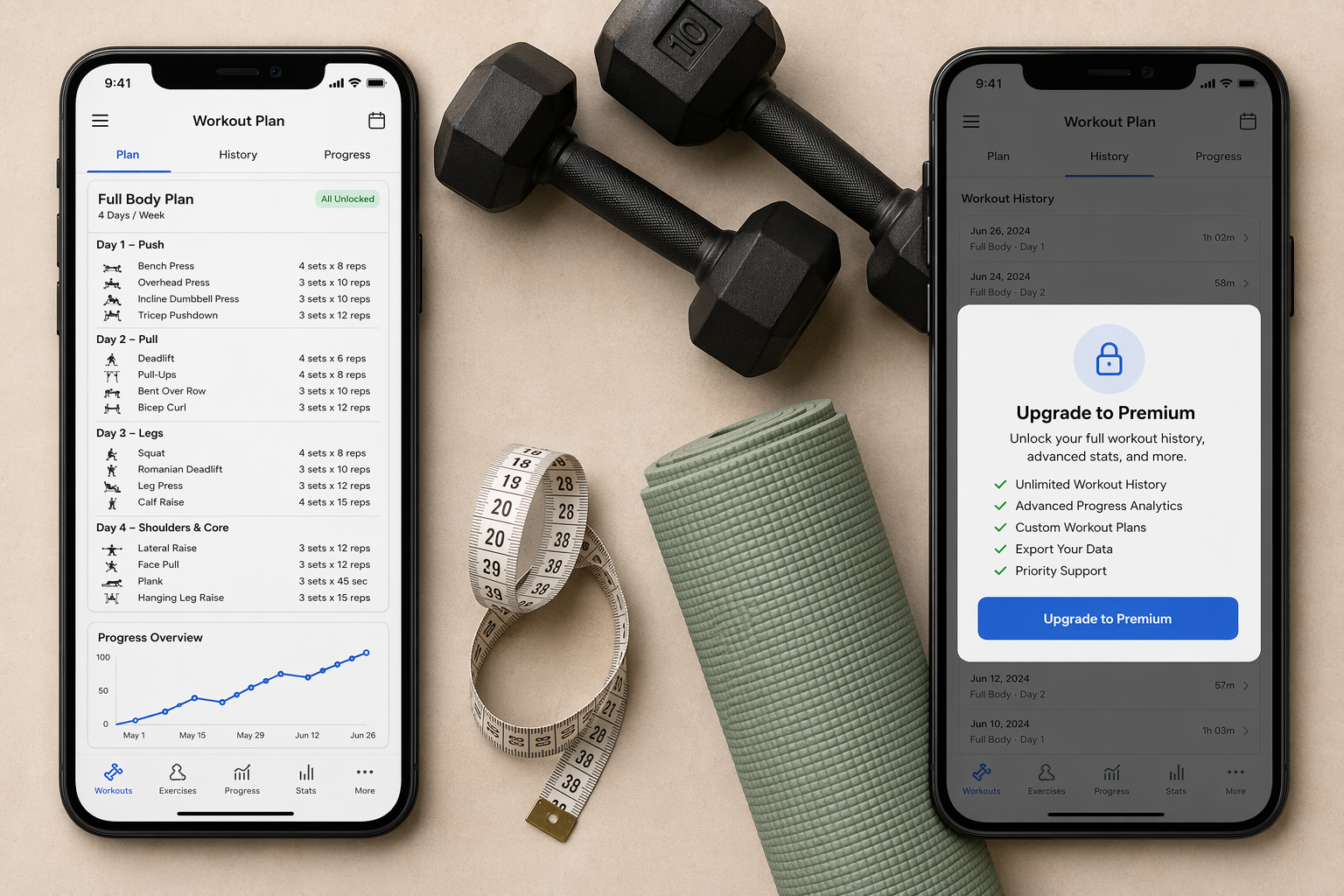 Two smartphones side by side on a neutral surface. The left phone shows an unlocked workout app with a progress graph. The right phone shows an 'Upgrade to Premium' overlay blocking the workout history.