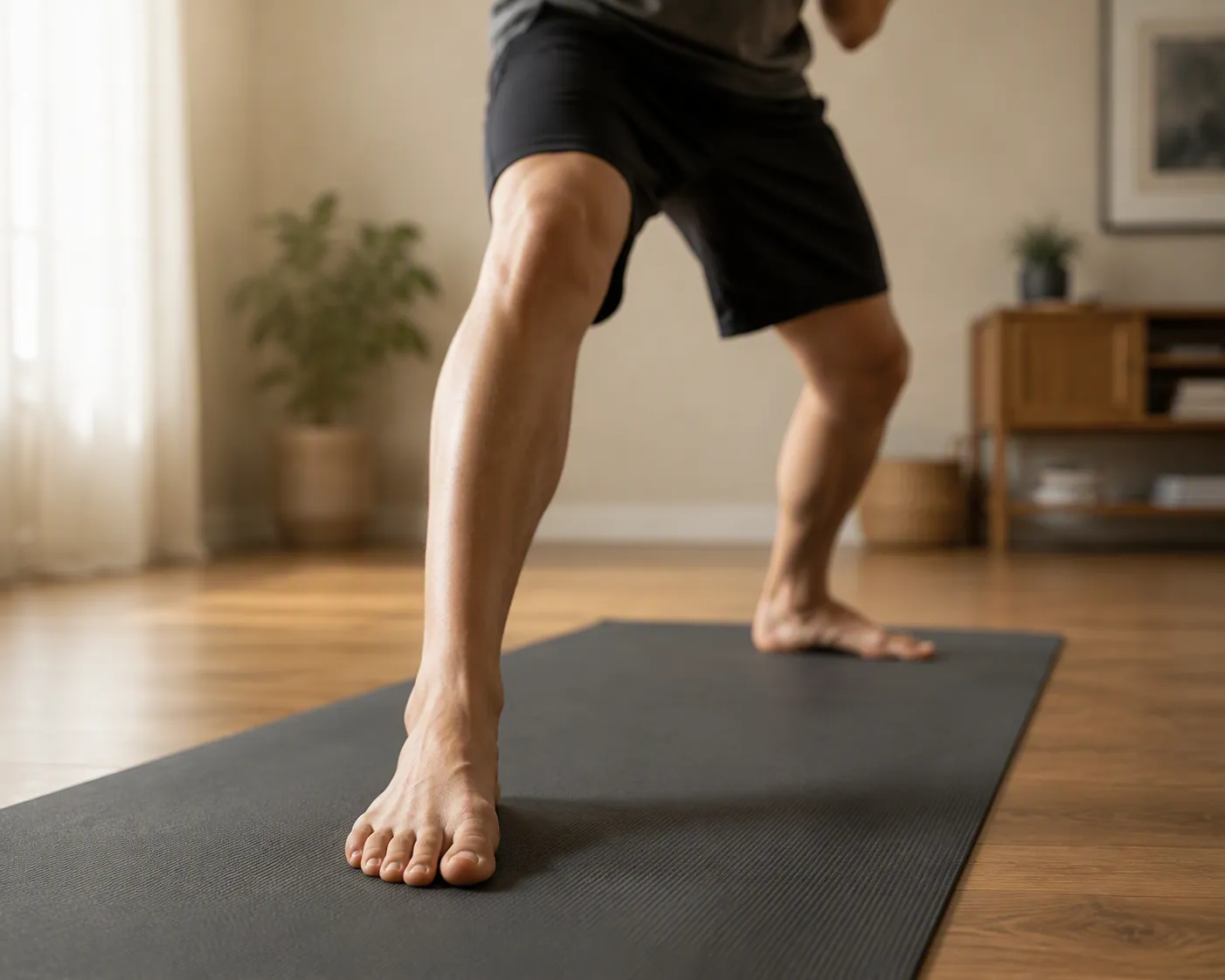 Close-up of feet in boxing stance on a yoga mat over hardwood floor