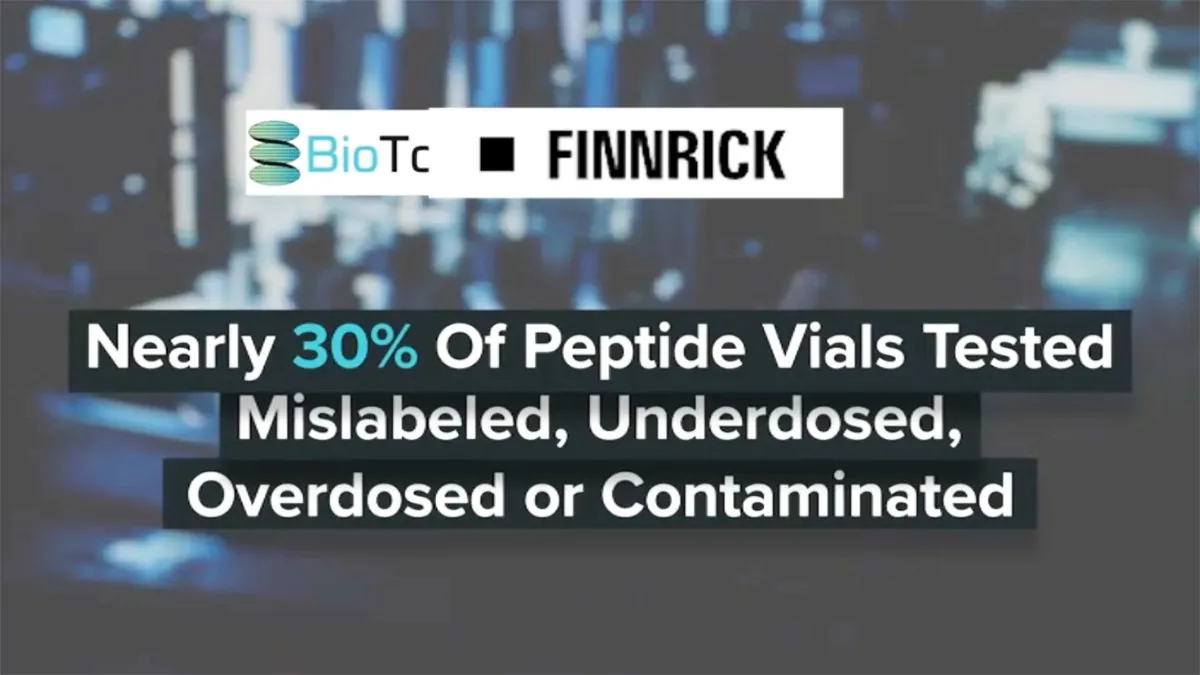 News graphic showing laboratory testing risks in grey-market peptide vials, including contamination and mislabeling findings