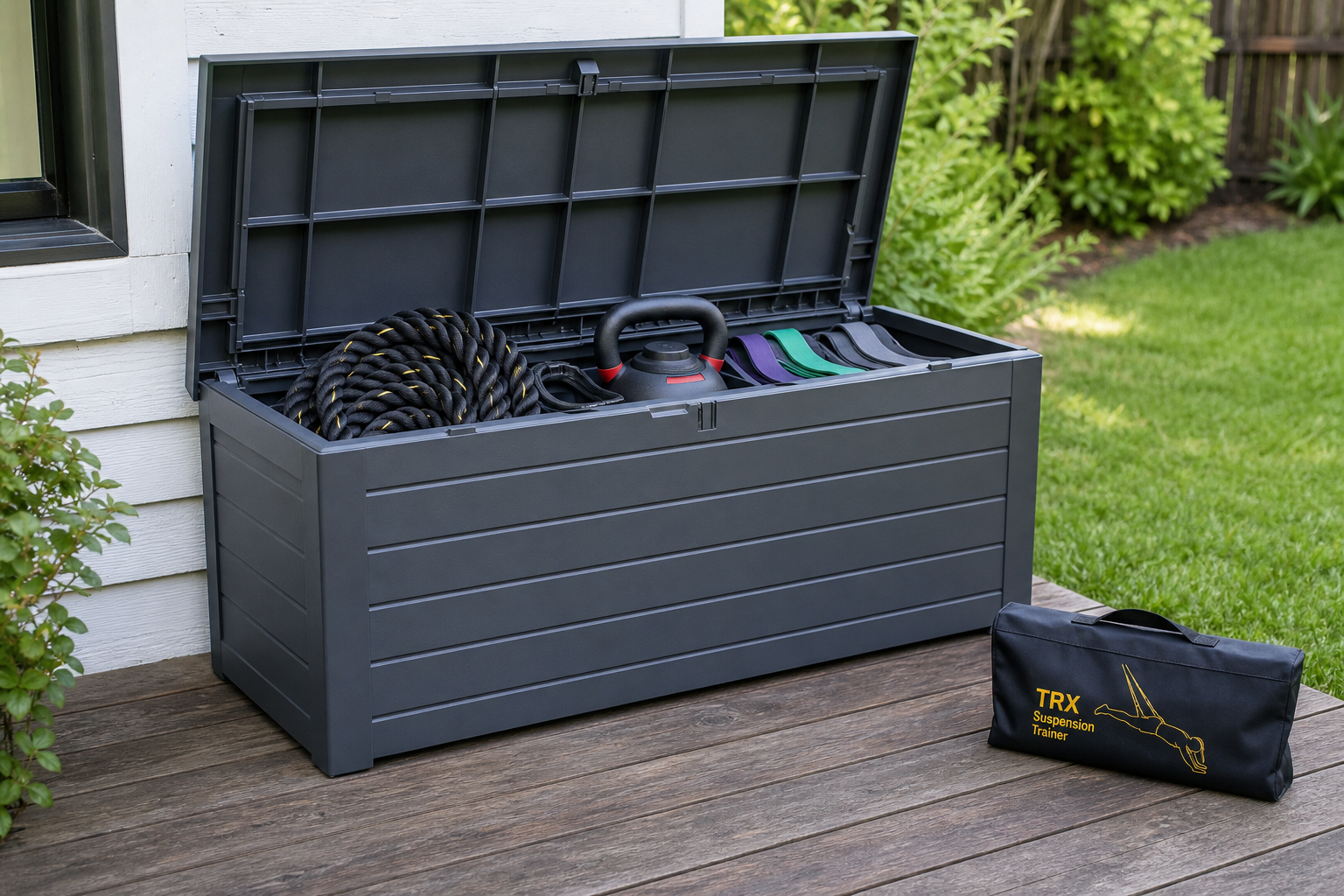 A large grey waterproof resin deck box on a wooden patio with its lid open, revealing organized fitness equipment inside including a coiled battle rope, jump rope, folded resistance bands, and an adjustable kettlebell.
