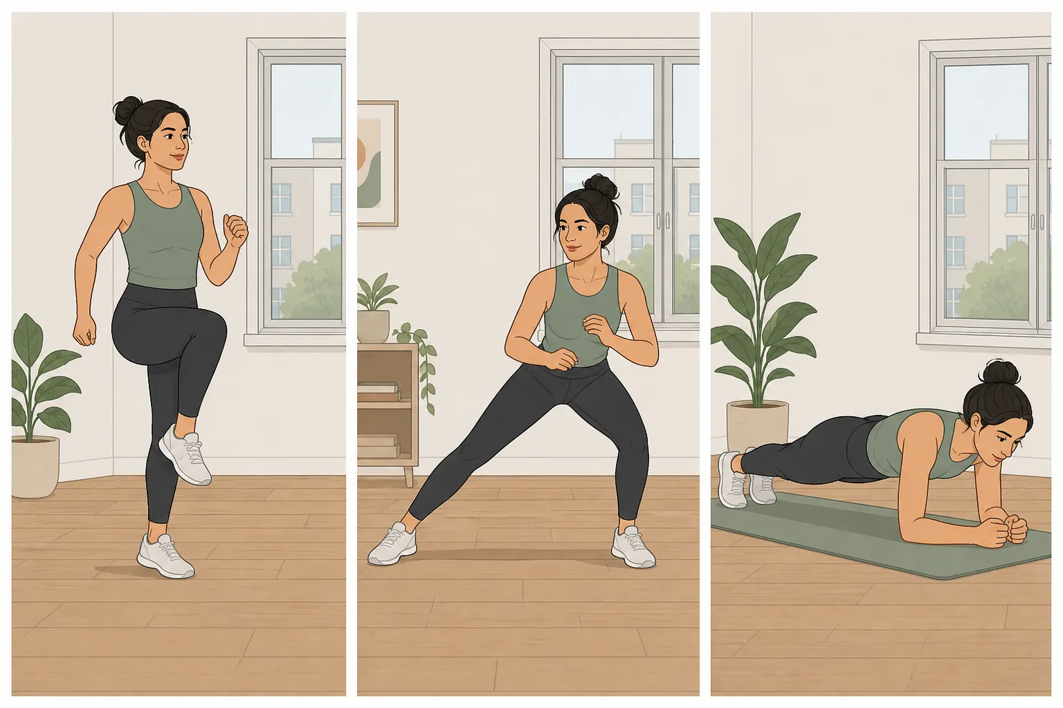 Three quiet no-jump exercises in sequence: marching in place, low lateral side step, and forearm plank on a mat