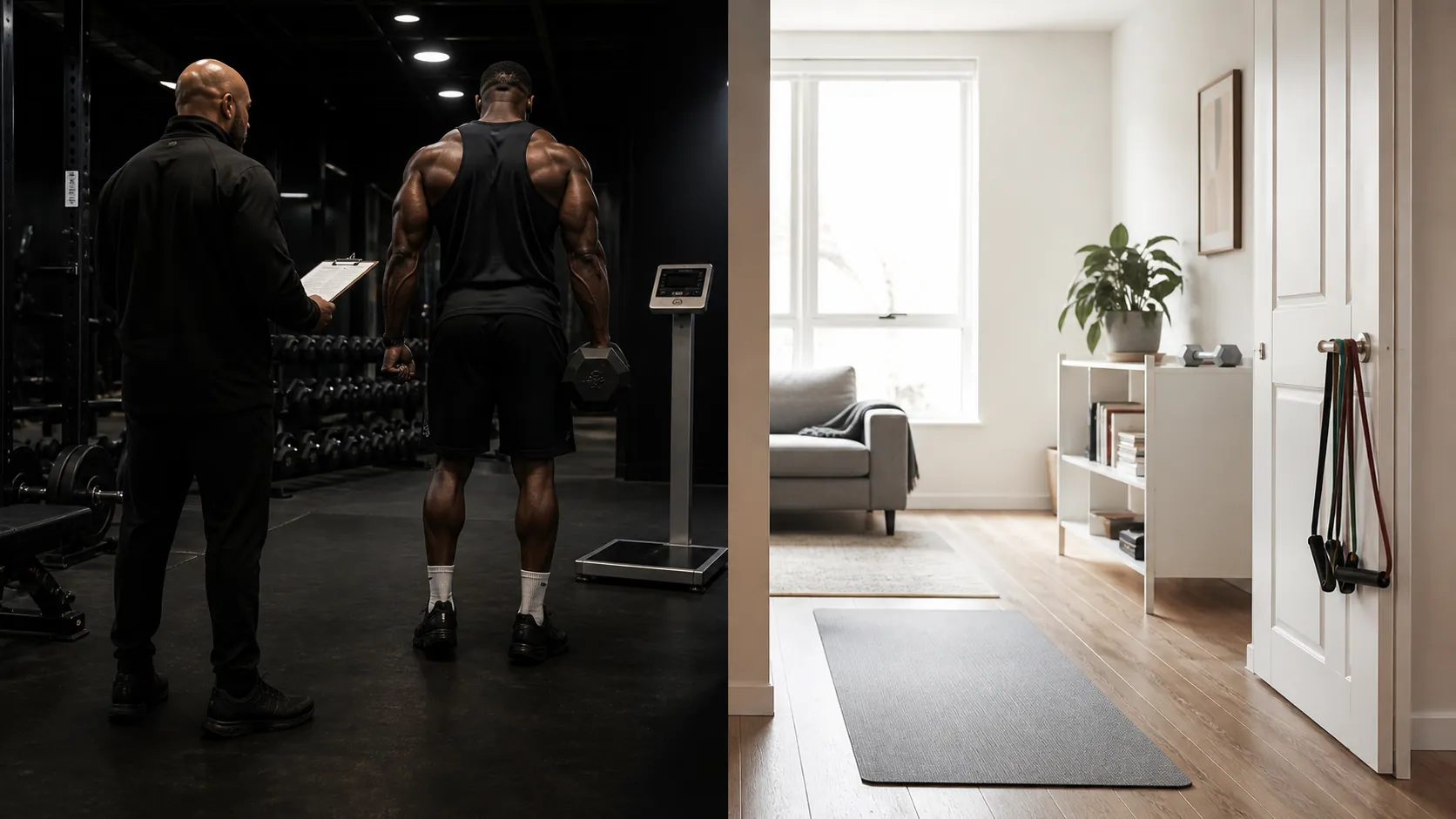 Split scene contrasting a supervised premium training facility with a small apartment workout setup
