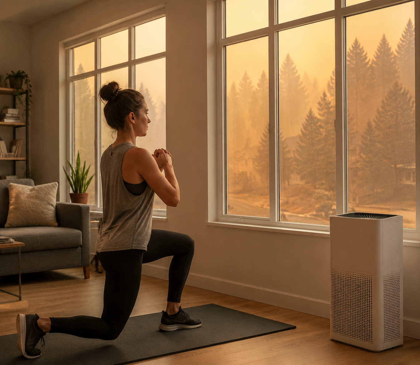 Person doing bodyweight lunges indoors near a HEPA air purifier while wildfire smoke fills the sky outside closed windows