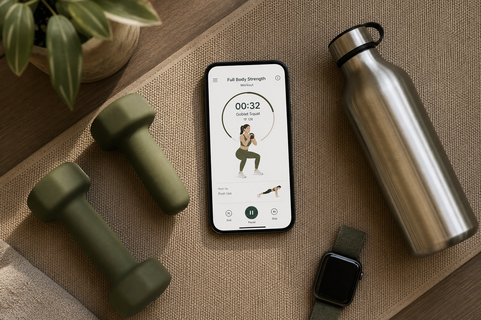 A flat-lay photo on a workout mat showing a smartphone with a fitness app interface, surrounded by dumbbells, a water bottle, and an Apple Watch.