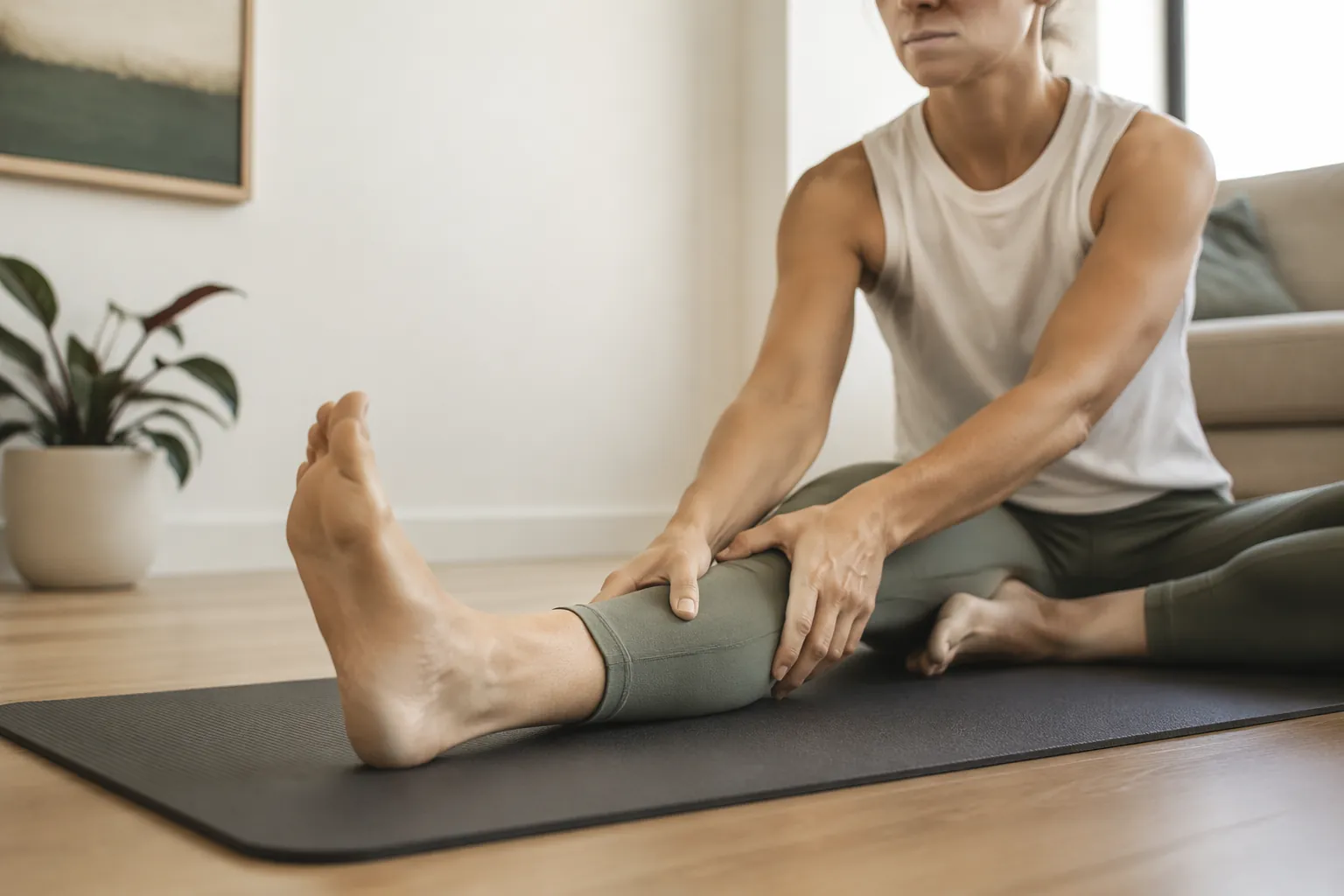 Person seated on a home floor gently moving the ankle through pain-free range of motion