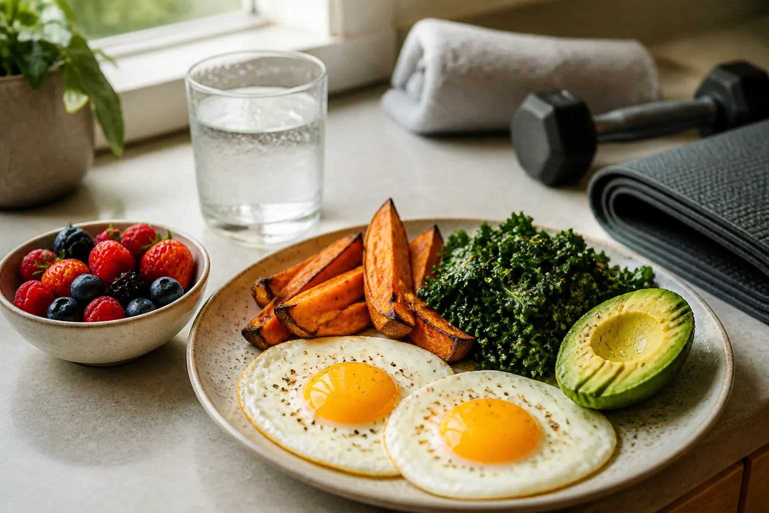Plate of eggs, sweet potatoes, kale, avocado, berries, and water beside home workout gear
