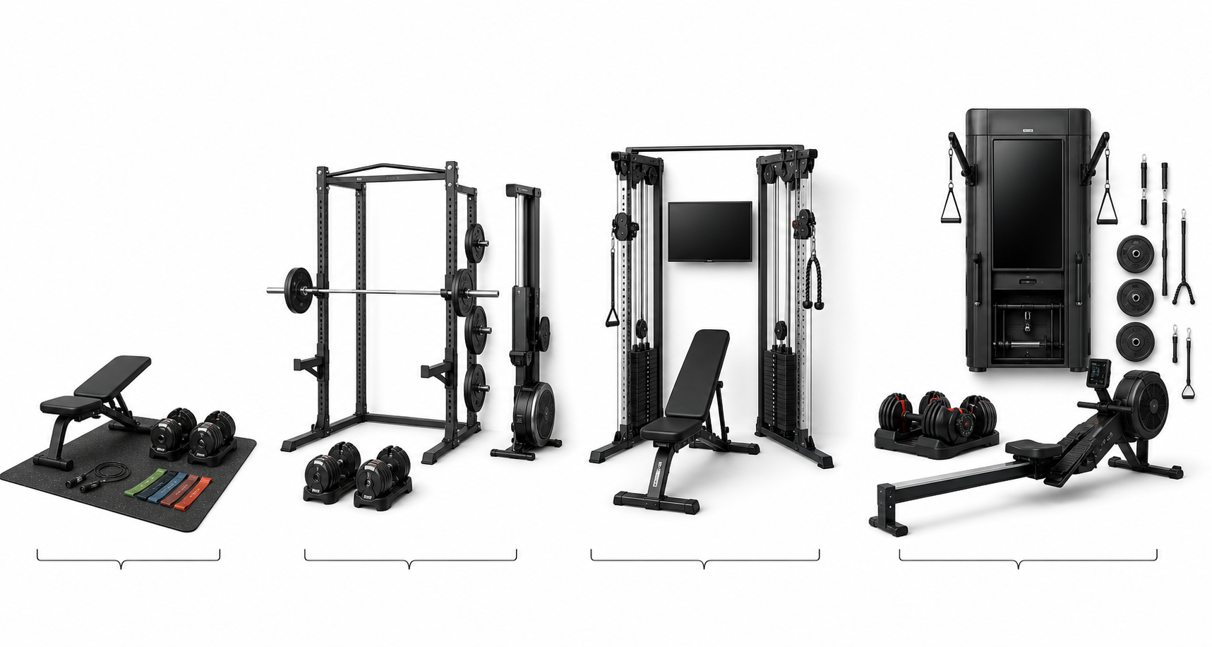 Flat-lay illustration of four home gym setups arranged by size, from a small mat with dumbbells to a large smart gym setup with cable attachments and rowing machine.