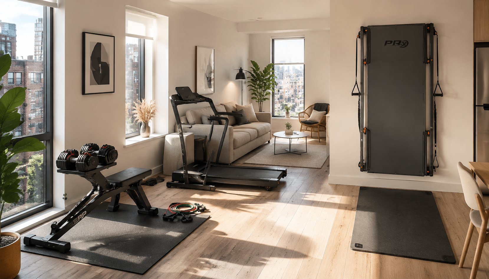 Apartment living room with adjustable dumbbells, a foldable treadmill, and a wall-mounted rack in separate compact workout zones