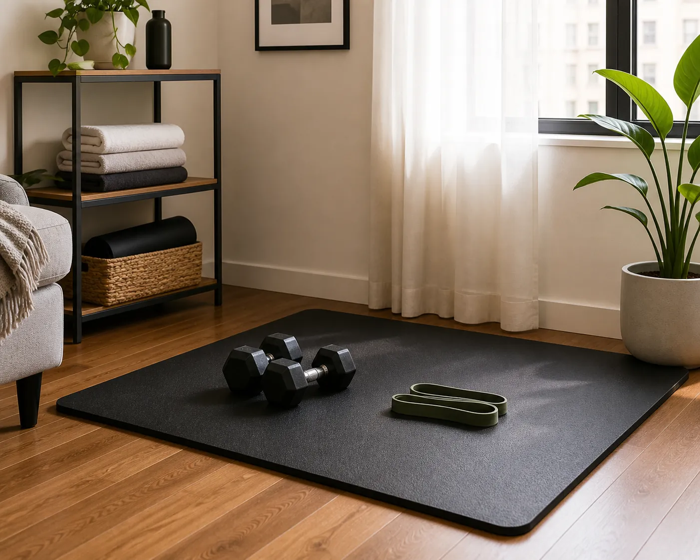 Small apartment workout corner with dumbbells and a resistance band on a thick protective floor mat