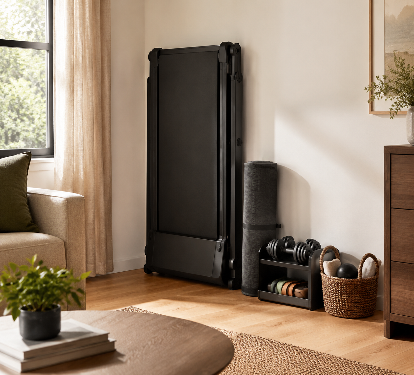 Small apartment corner with foldable treadmill, rolled workout mat, compact dumbbells, resistance bands, and storage basket