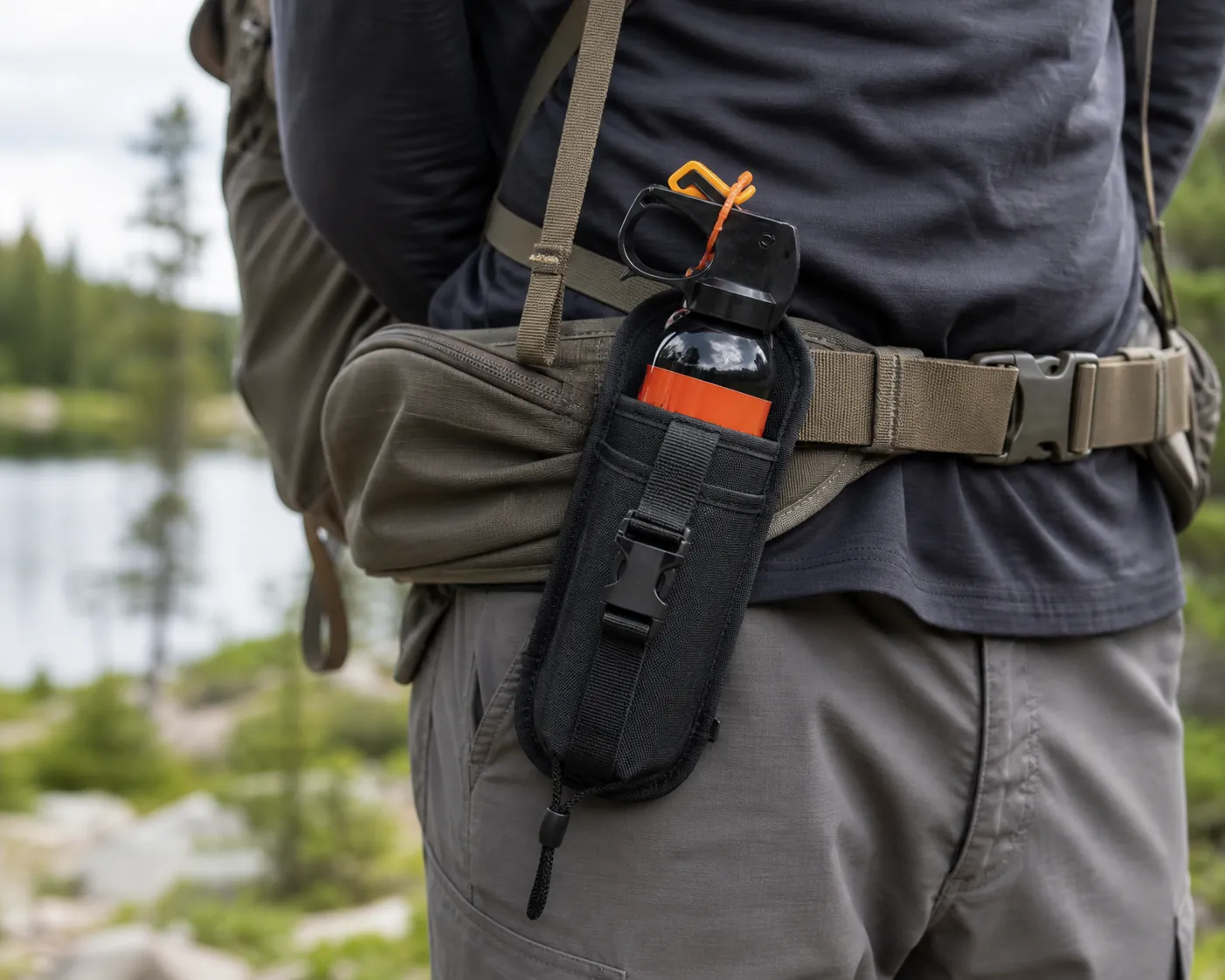 Bear spray canister secured in a hip holster on a hiker's waist belt