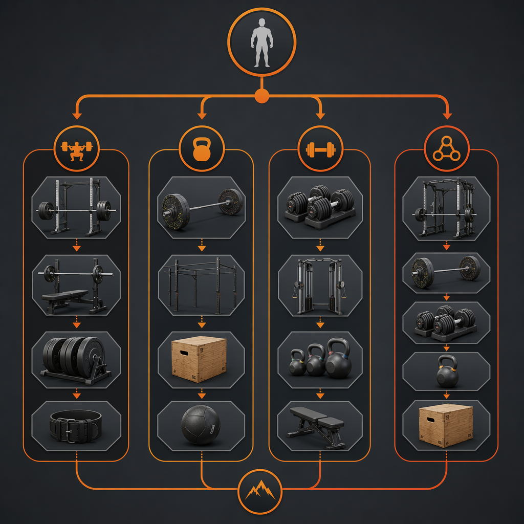 Infographic-style decision flowchart with four training path branches: Powerlifting, CrossFit, General Strength, and Hybrid, each connected to its core equipment icons.