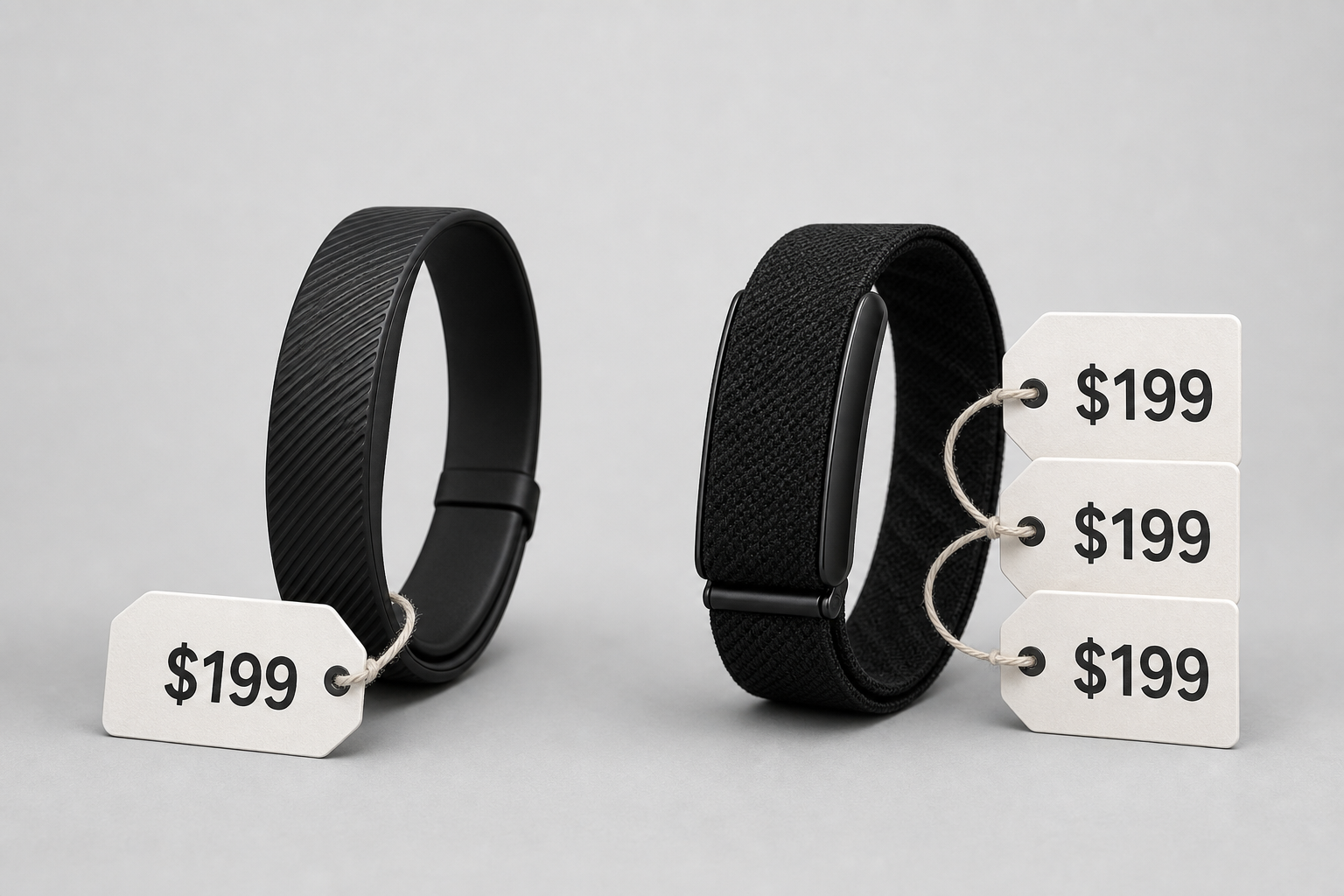Two screenless fitness tracker wristbands with a one-time price tag and recurring annual cost tags