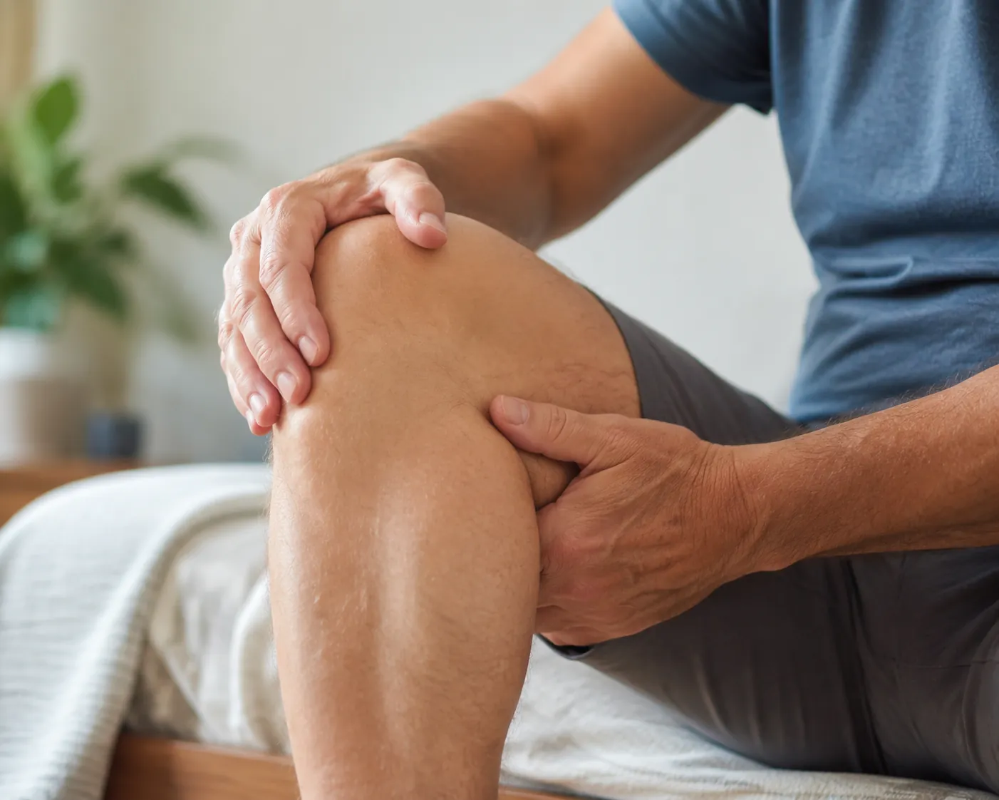 Person gently guiding their knee into a comfortable flexed position while seated at home