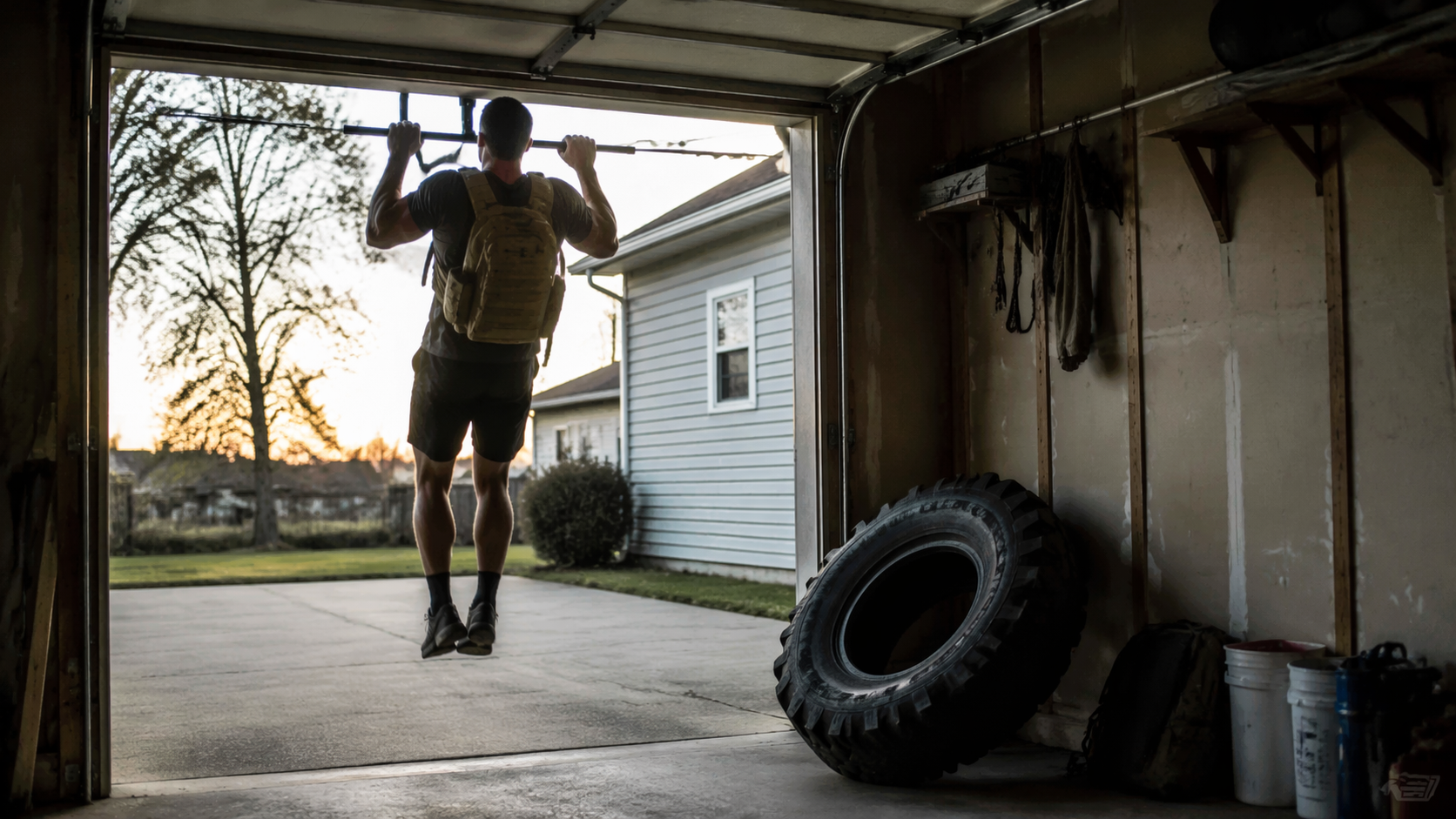 Home garage pull-up setup with a loaded backpack and tire for functional endurance training