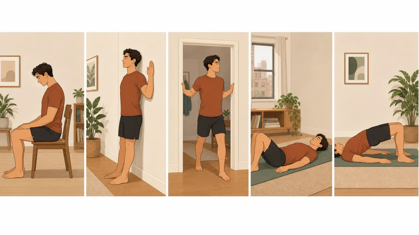 Illustration strip of seated chin tuck, wall slide, doorway chest stretch, pelvic tilt, and glute bridge in a small apartment
