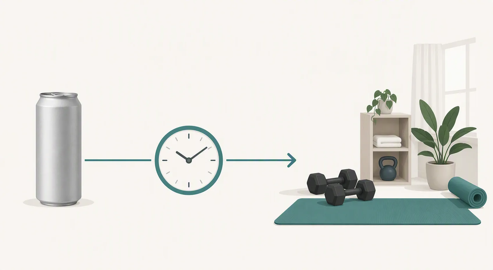 Illustration of a beverage can, clock, dumbbells, and exercise mat connected by a timeline