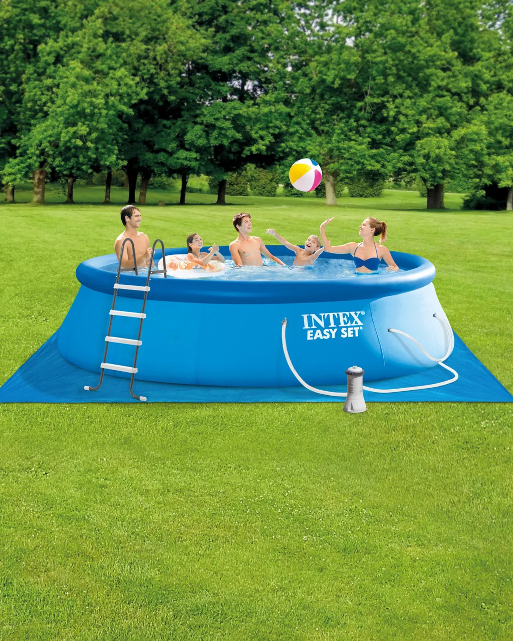 Round blue Intex Easy Set inflatable above-ground pool with filter pump in a backyard