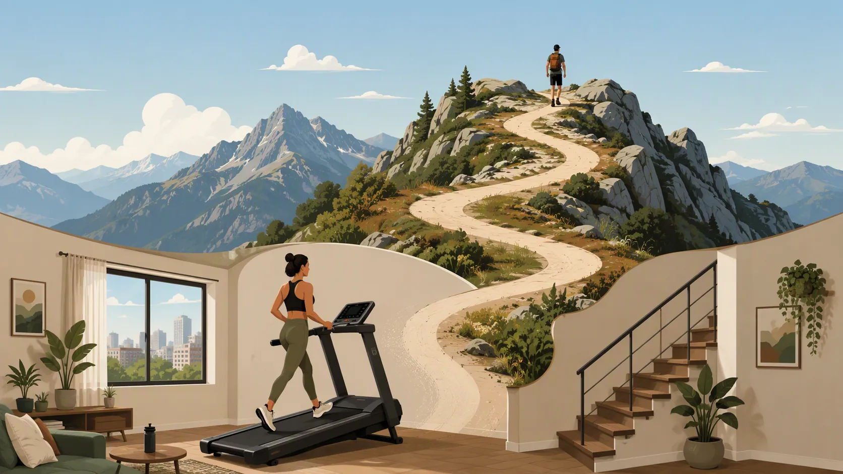 Person training on an incline treadmill in a compact apartment while the scene transitions into a rocky mountain trail
