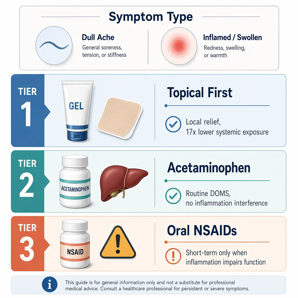 A tiered decision diagram showing topical relief first, acetaminophen for routine DOMS, and oral NSAIDs for short-term inflammation use
