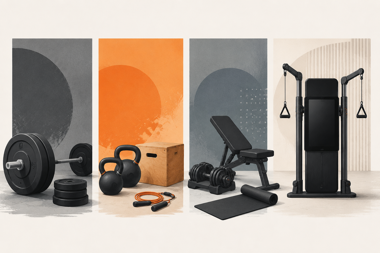Four home training goal categories represented by strength, HIIT, general fitness, and guided smart gym equipment