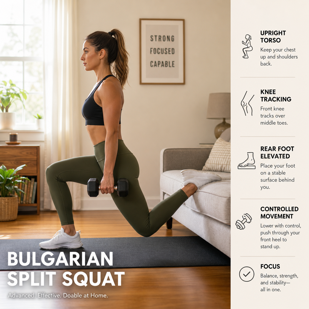 A person performing a Bulgarian split squat with one foot on a couch behind them on a yoga mat, holding a dumbbell at their side in a small living room.