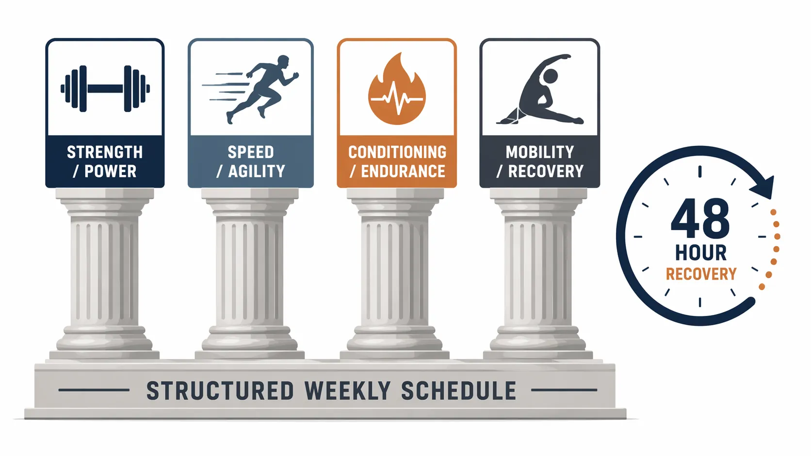 Four training pillars showing strength and power, speed and agility, conditioning and endurance, and mobility and recovery with a recovery clock
