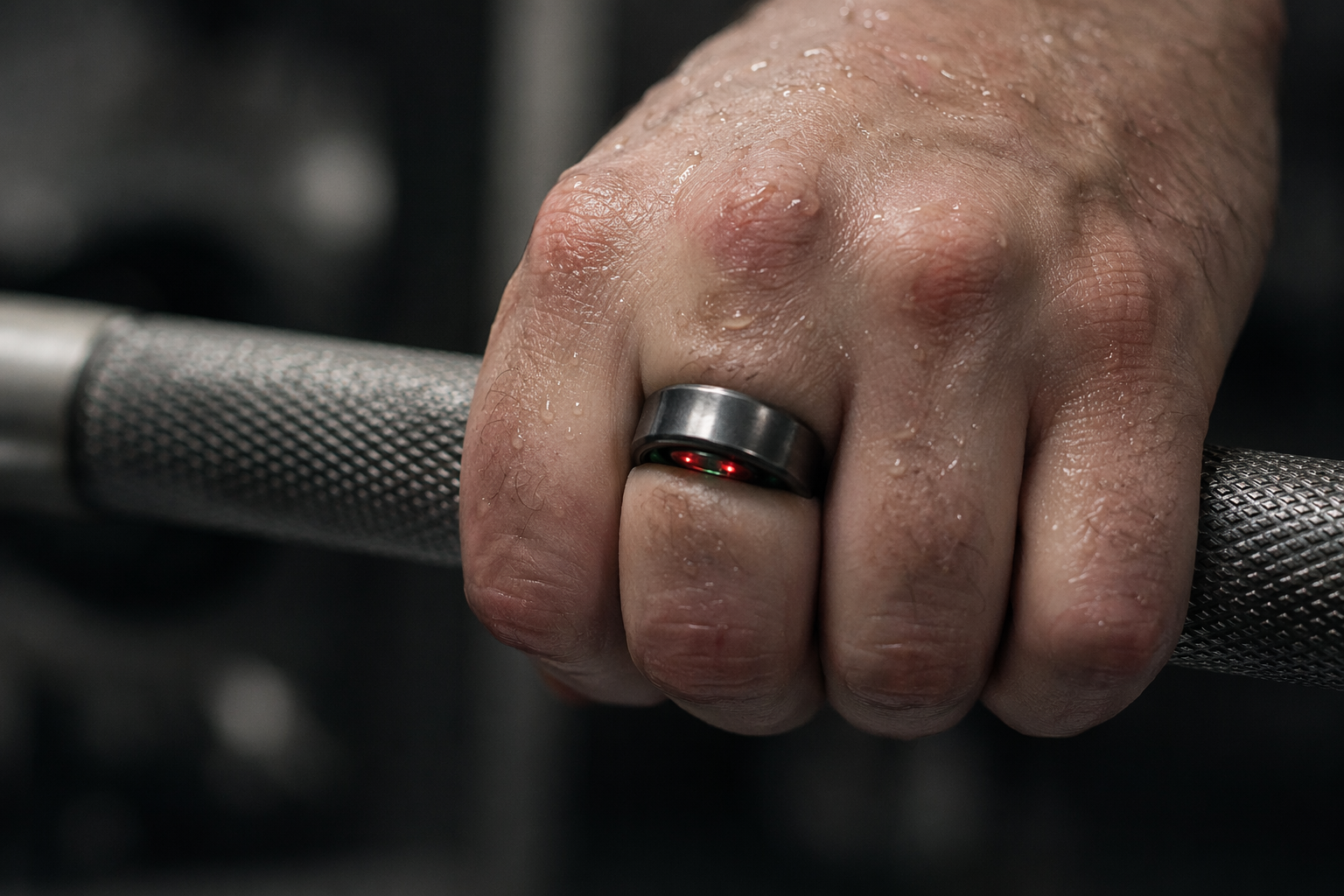 Smart ring compressed against a knurled barbell during a grip
