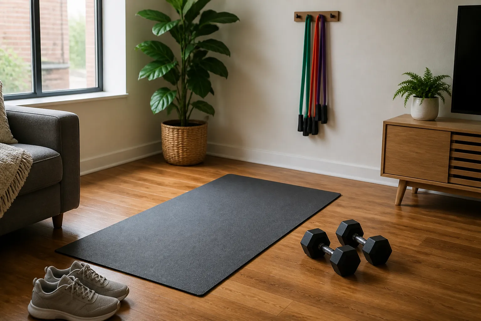 Small apartment living room corner set up with an unrolled exercise mat, dumbbells, resistance bands, and sneakers ready for a workout