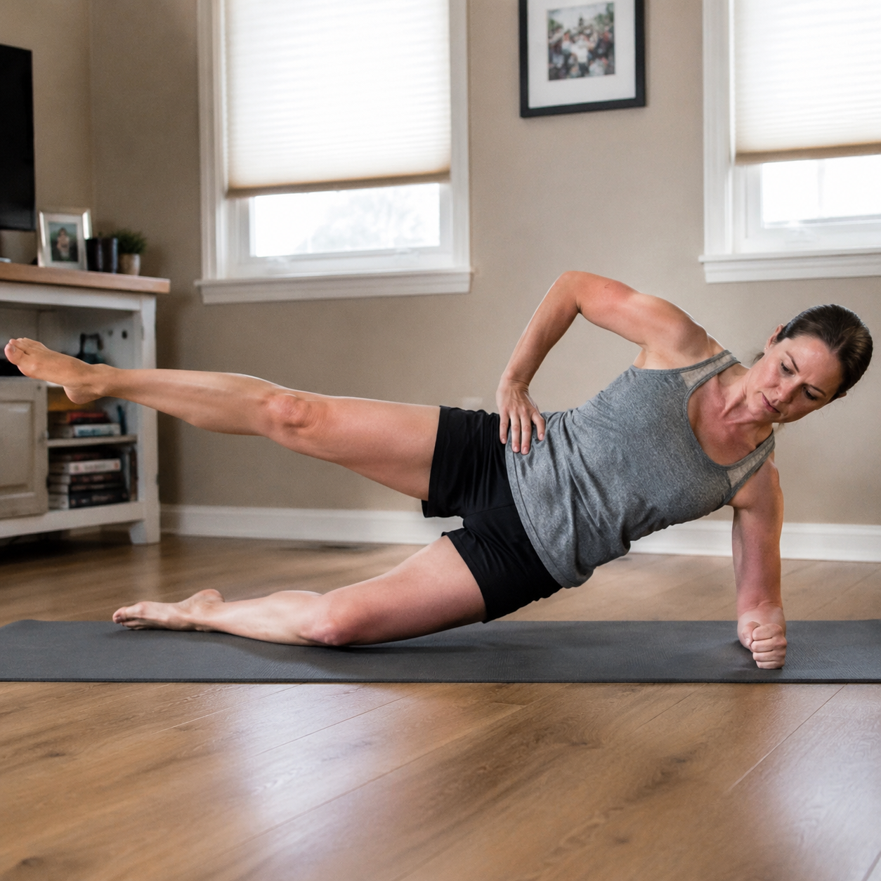 A person performing a side plank with hip abduction on a mat at home