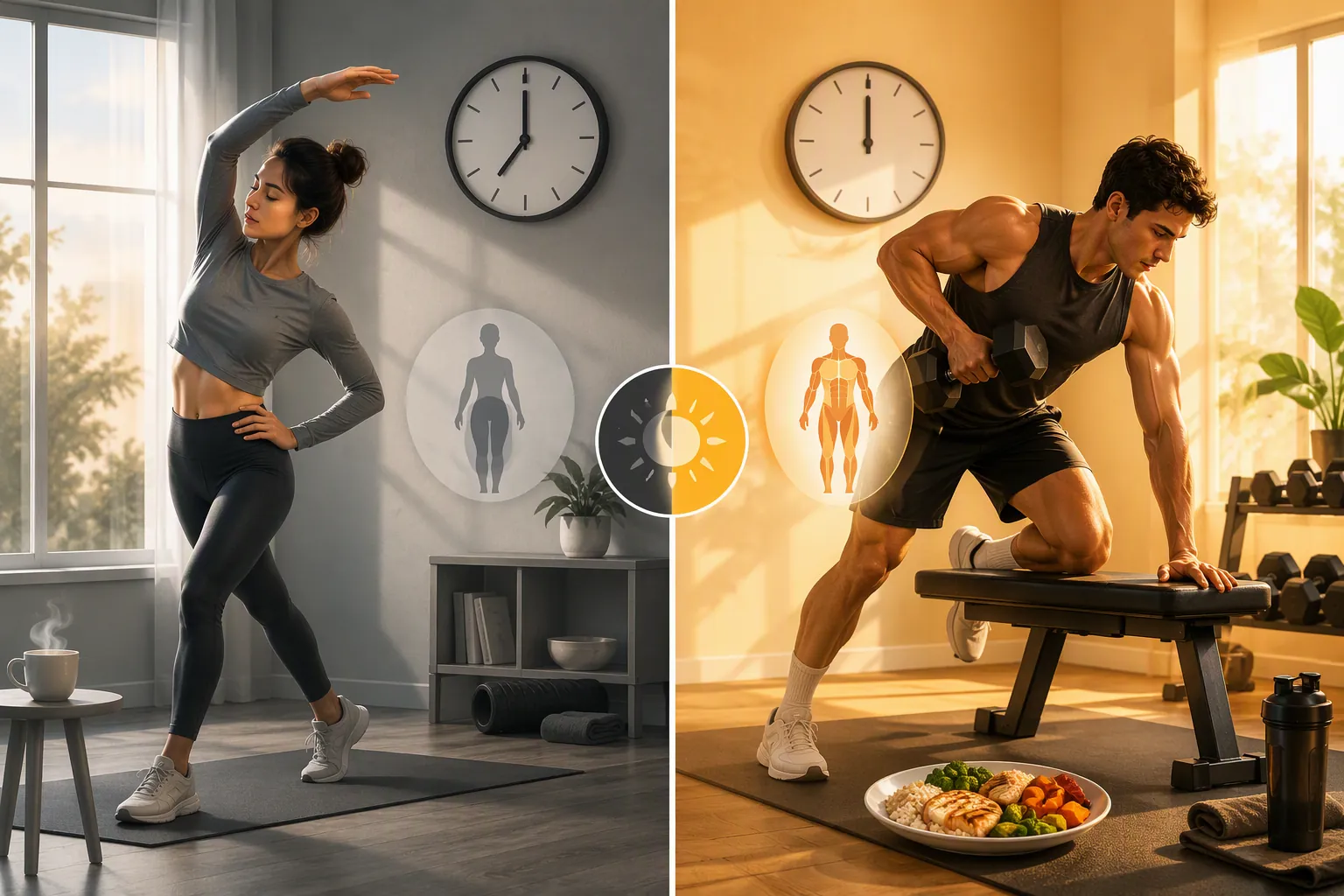 Split illustration of gentle fasted morning stretching and more intense dumbbell lifting near food