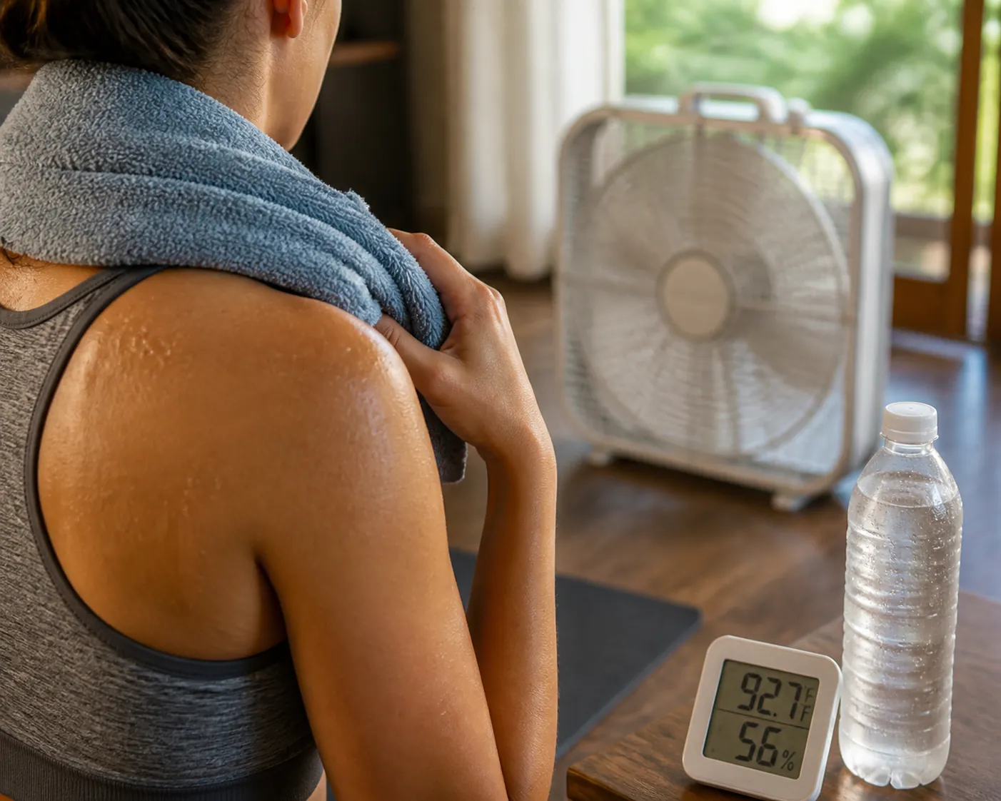 Person cooling the back of the neck with a damp towel near a fan, thermometer, and water bottle