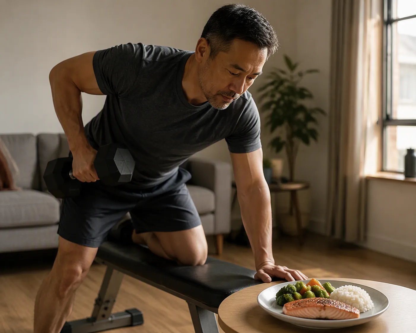 Middle-aged man doing a single-arm dumbbell row in a modest apartment with a protein-conscious meal nearby