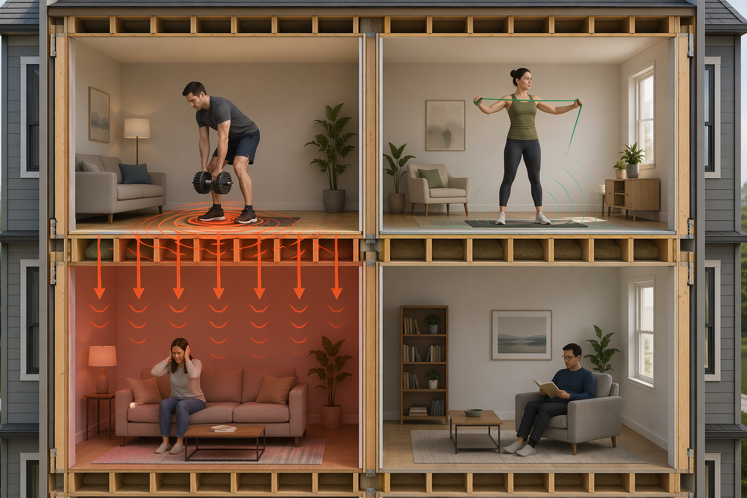 Cutaway apartment illustration showing dumbbell vibration traveling through floor joists while resistance bands create minimal sound