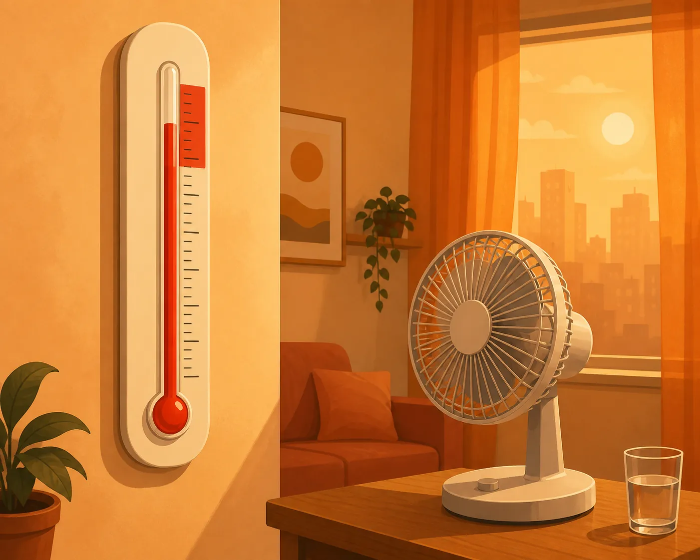 Wall thermometer rising into a red warning zone beside a small fan in a hot apartment