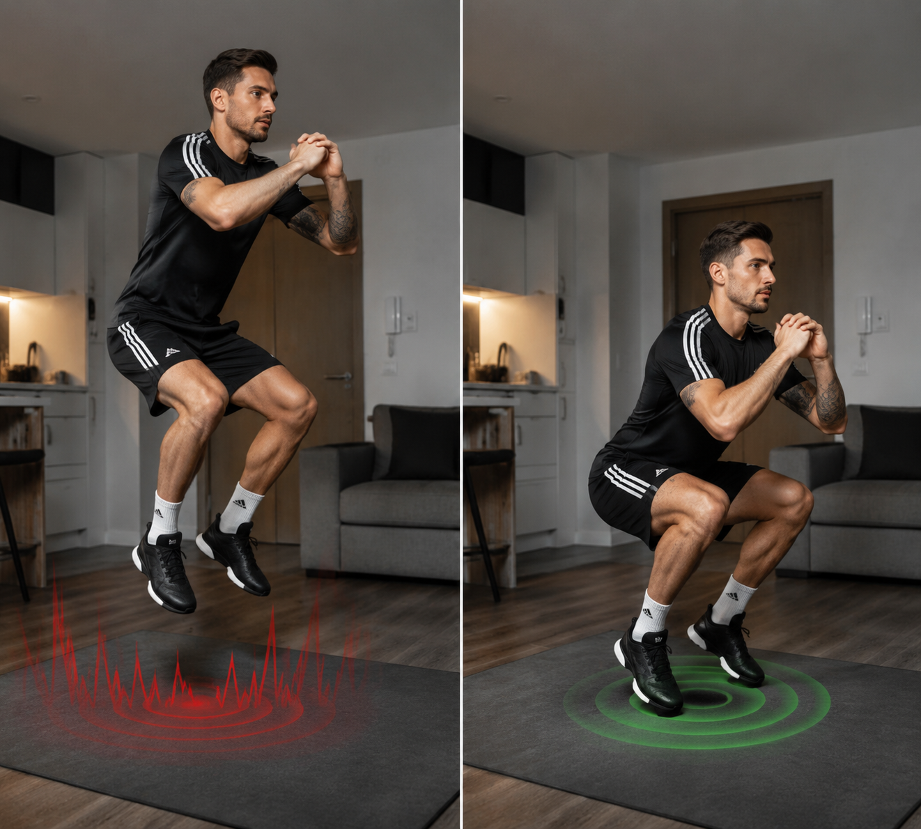 Split view of a soccer player doing a jump squat and a quiet squat-to-calf-raise modification in an apartment