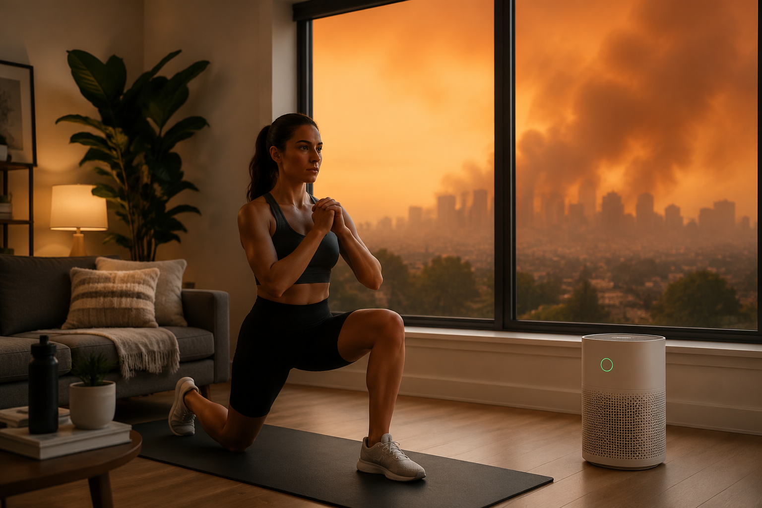Person doing bodyweight lunges indoors near an air purifier while smoky air is visible outside
