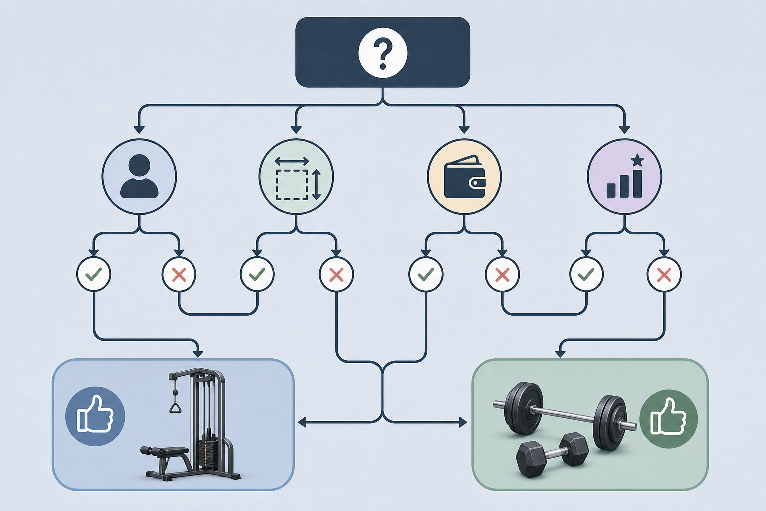 A minimalist decision flowchart with a top node branching into decision factors — training alone versus with a partner, space constraints, budget, and experience level — leading to two outcomes represented by icons: a cable column for full-body workout machine and a barbell and dumbbell for free weights, on a muted blue-gray background.