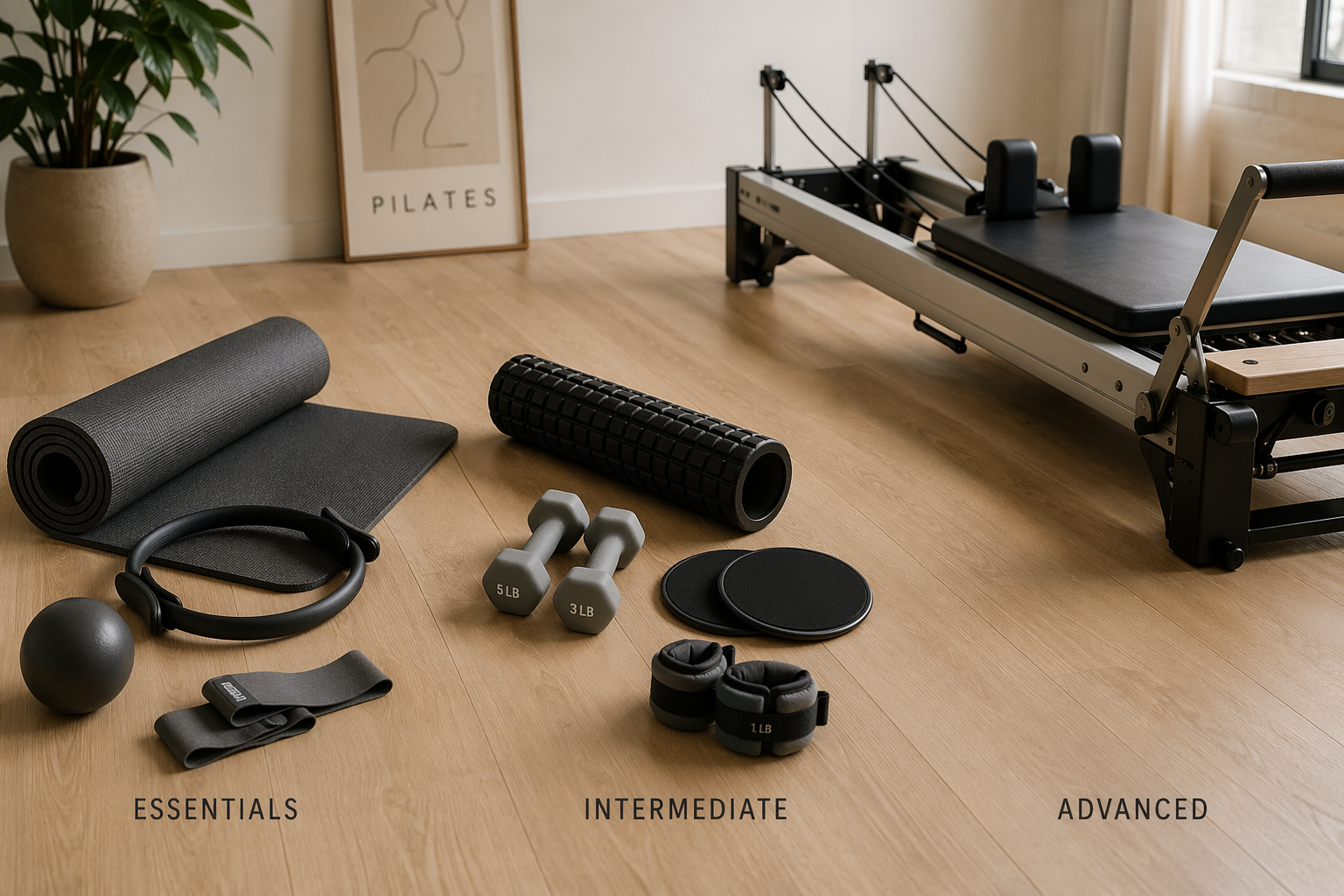 Pilates equipment arranged by budget tier from mat props to small accessories to a reformer