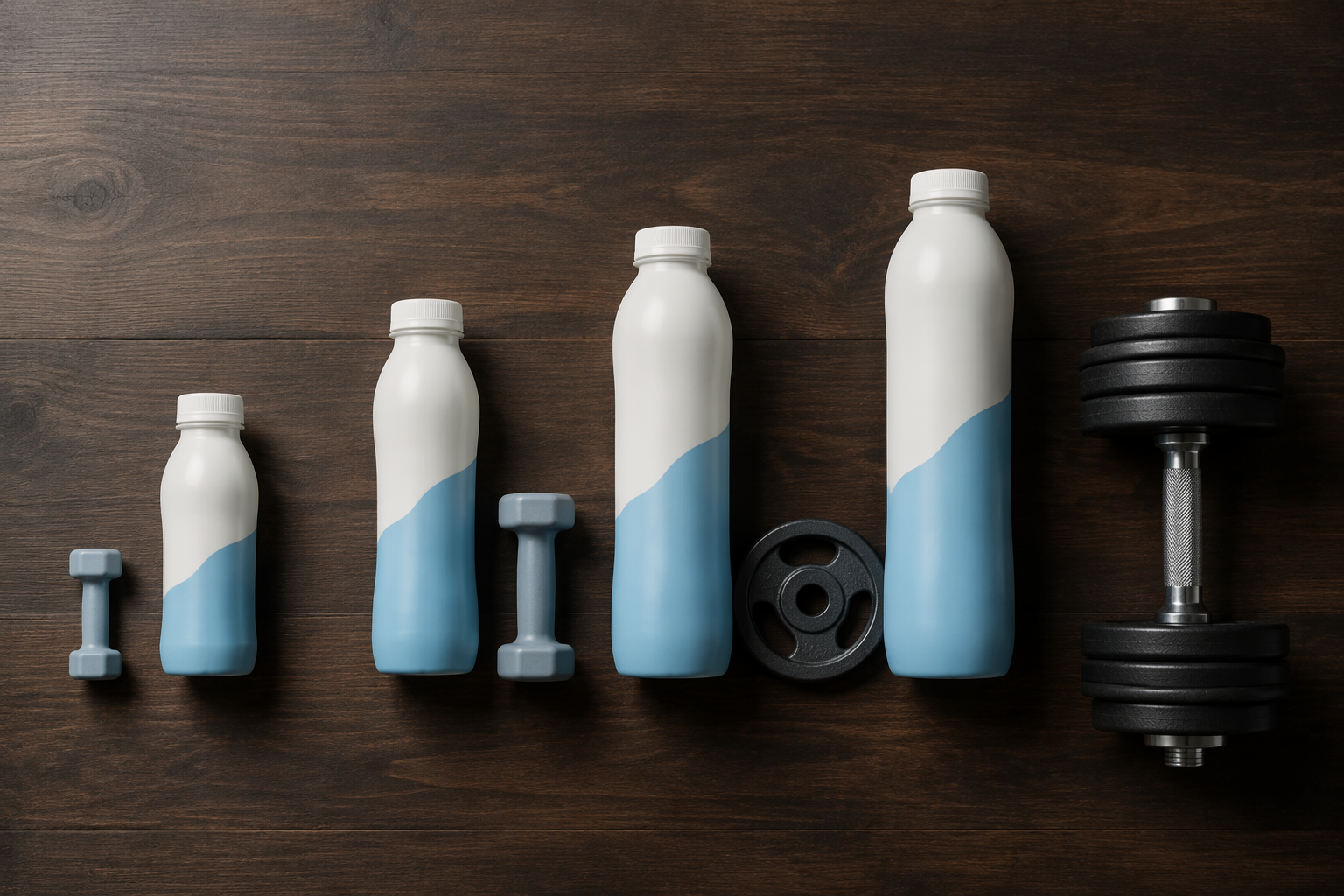 Four protein milk bottles arranged with workout props from light dumbbell to heavy barbell