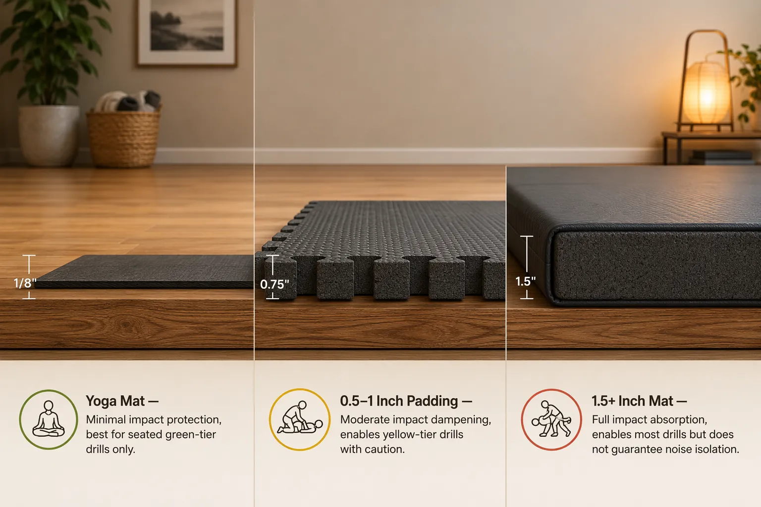 Cross-section comparison of a yoga mat, interlocking foam tile, and thick BJJ mat on a wood floor